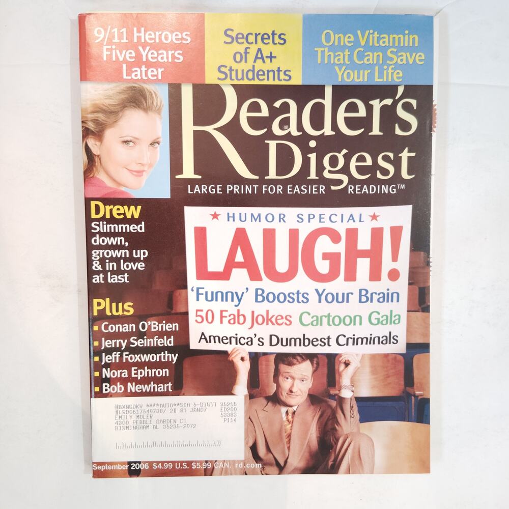Reader's Digest September 2006 Drew Barrymore 9/11 Back Issue Magazine